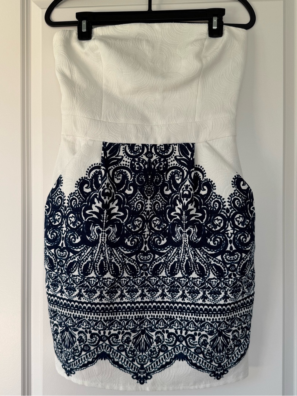 Strapless White Dress with Navy Ornate Print